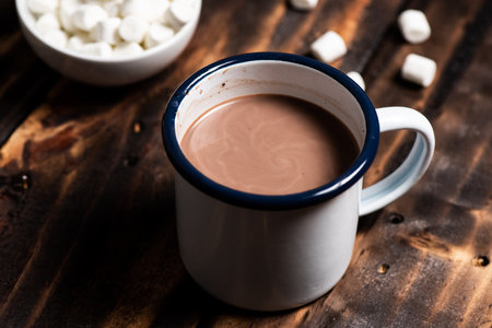 Hot cocoa in white enamel mug with marshmallows in the background.