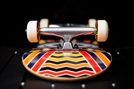 Close up skateboard wheel and truck on brand new skateboard.の写真素材