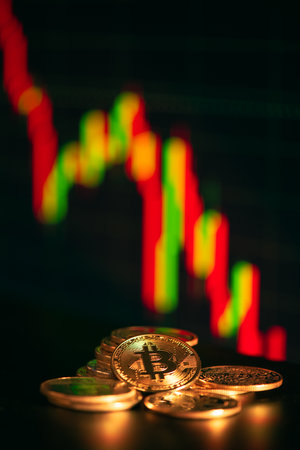 Close up golden coin with bitcoin symbol over stock chart in the background , bitcoin is one of the most famous cryptocurrency.の写真素材