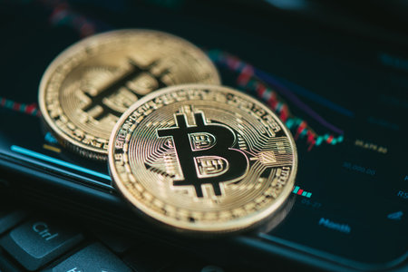 Close up golden coin with bitcoin symbol, bitcoin is one of the most famous cryptocurrency.