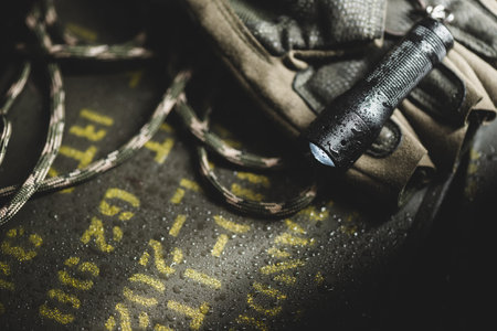 Black pocket LED flashlight for Everyday Carry (EDC), shallow depth of field.の写真素材