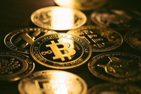 Close up golden cryptocurrency coin on the wooden table.