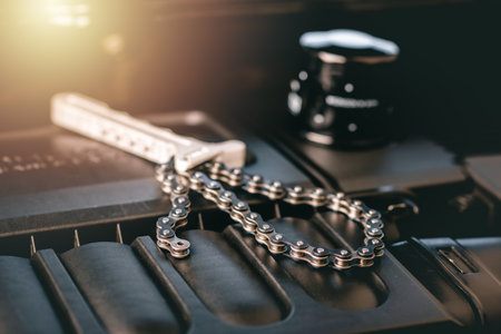 Close up the chain wrench in the engine room. Chain wrench used to remove and install oil filter. Car maintenance concept.の写真素材