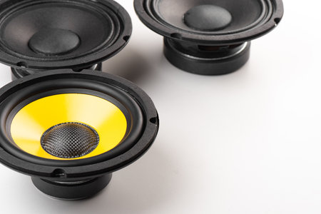 The black audio loudspeaker with yellow diaphragm. audio equipment concept.の写真素材