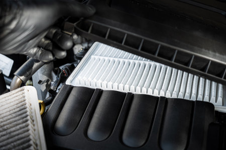 Changing car air filter, close up at the new and clean air filter. Car maintenance concept.の写真素材