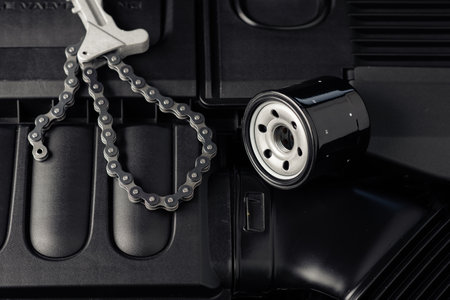 The new car oil filter and chain wrench. Automotive spare part.  Car maintenance concept.の写真素材