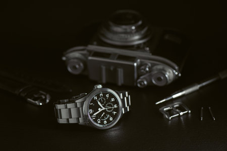 Close up luxury automatic wristwatch for men.