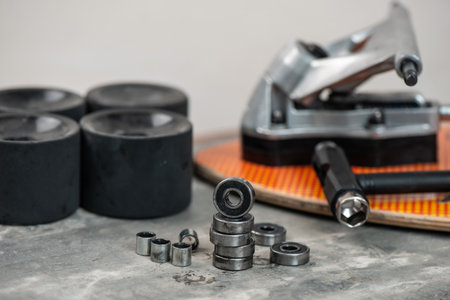Skateboard and surfskate maintenance concept. Selective focus on the bearing.の写真素材