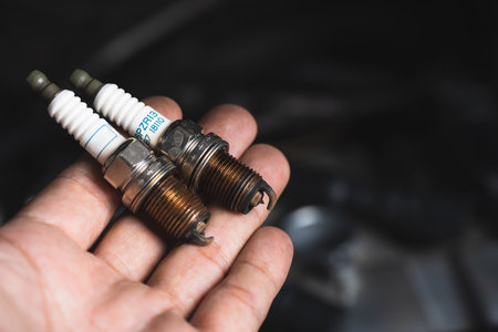 Spark plug replacement. Close up old spark plug, car maintenance concept.の写真素材