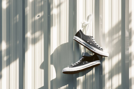 Pair of new black and white canvas sneakers hanging on the wall.の写真素材