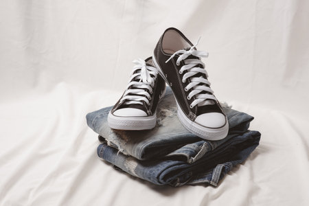Pair of new black and white canvas sneakers.の写真素材