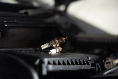 Spark plug replacement. Close up old spark plug, car maintenance concept.