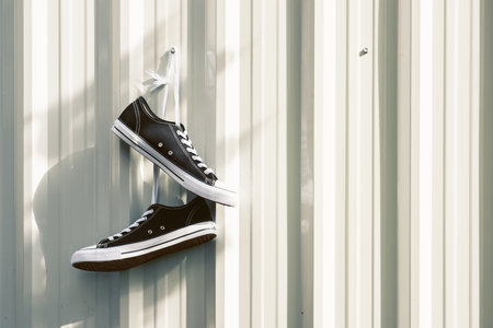 Pair of new black and white canvas sneakers hanging on the wall.の写真素材