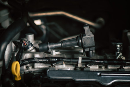 Close up ignition coil in the engine room, car maintenance concept.