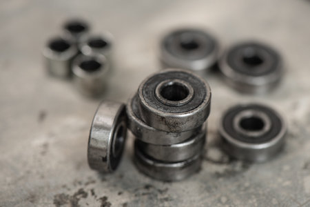 Skateboard and surfskate maintenance concept. Selective focus on the bearing.の写真素材