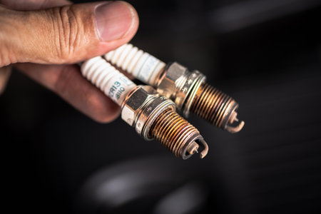 Spark plug replacement. Close up old spark plug, car maintenance concept.