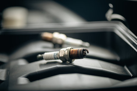 Spark plug replacement. Close up old spark plug, car maintenance concept.の写真素材