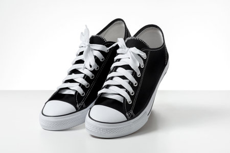 Pair of new black and white canvas sneakers isolated over white background.の写真素材