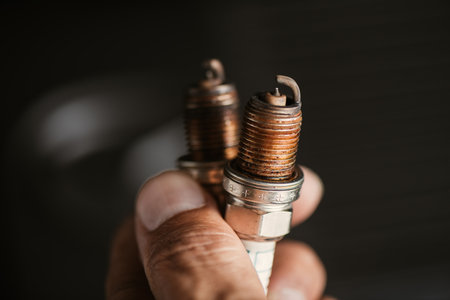 Spark plug replacement. Close up old spark plug, car maintenance concept.