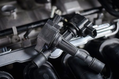 Close up ignition coil in the engine room, car maintenance concept.の写真素材