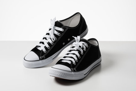 Pair of new black and white canvas sneakers isolated over white background.の写真素材