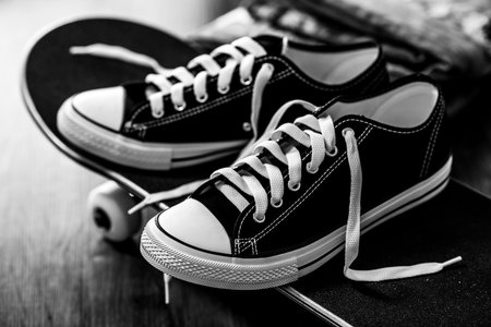 Pair of new black and white canvas sneakers.の写真素材