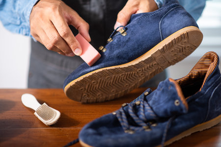 The man cleaning the blue suede shoes. Shoe care concept.の写真素材