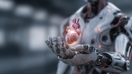 Real heart floating above robot hand, Medical technology conceptの素材