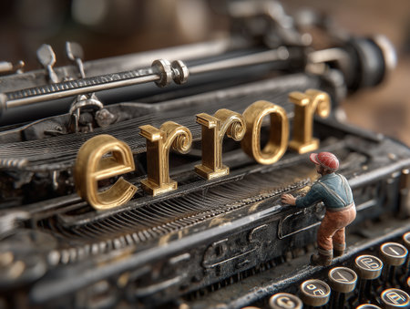 Metal letters forming the word "error" are placed on a typewriter with miniature man.の素材