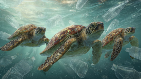 Sea turtle swimming through plastic drinking bottles in the sea. One of the pollution problems that urgently needs to be solved.の素材