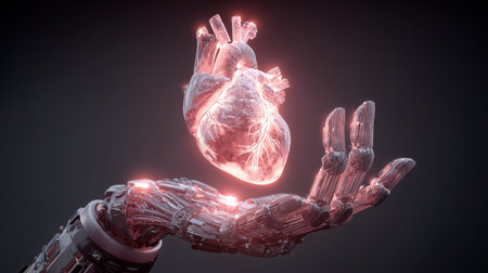 Real heart floating above robot hand, Medical technology conceptの素材