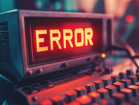 Red error message show on vintage computer with red light glowing in the room.の素材