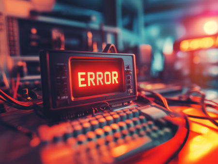 Red error message show on vintage computer with red light glowing in the room.の素材