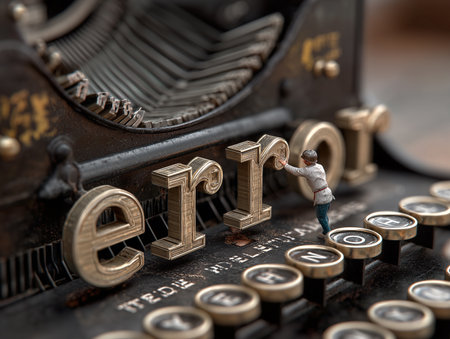 Metal letters forming the word "error" are placed on a typewriter with miniature man.の素材