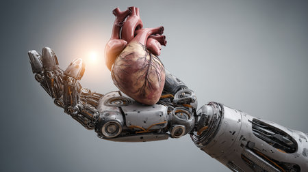 Real heart floating above robot hand, Medical technology conceptの素材