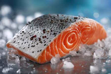 Raw salmon fillet on ice, fresh ingredient for healthy steak.の素材
