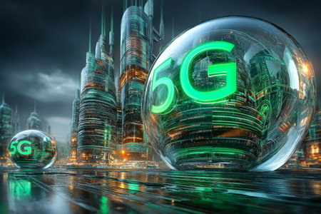 5G Technology Concept, clear crystal ball with 5G inside.の素材