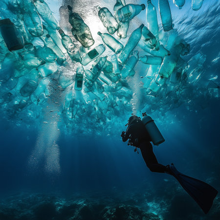 The diver found plastic drinking bottles in the ocean while snorkeling.の素材