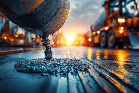 Workers and construction machinery working on-site to build a new road. Infrastructure development and civil engineering process.の素材