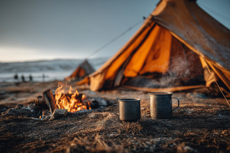 Camping scene, hot coffee cup with tent and campfire in the background.の素材