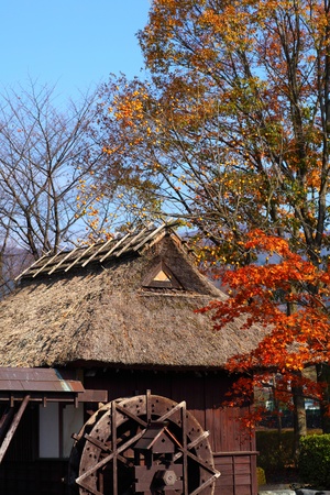 wheel mill in the country in autumn japanの写真素材