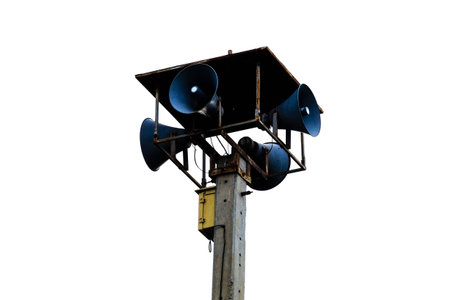 four loudspeakers  on the poleの写真素材