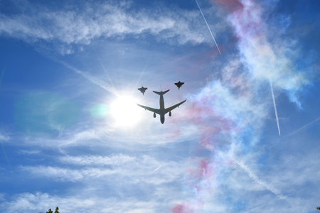 Paris, France. A military parade by the Air Corps on Bastille Day. View from Grande ArmÃ©e Boulevard. July 14, 2022.のeditorial素材