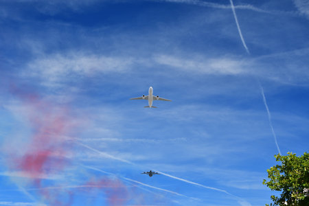 Paris, France. A military parade by the Air Corps on Bastille Day. View from Grande ArmÃ©e...