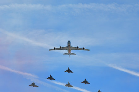 Paris, France. A military parade by the Air Corps on Bastille Day. View from Grande ArmÃ©e...
