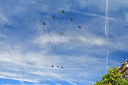 Paris, France. A military parade by the Air Corps on Bastille Day. View from Grande ArmÃ©e Boulevard. July 14, 2022.のeditorial素材