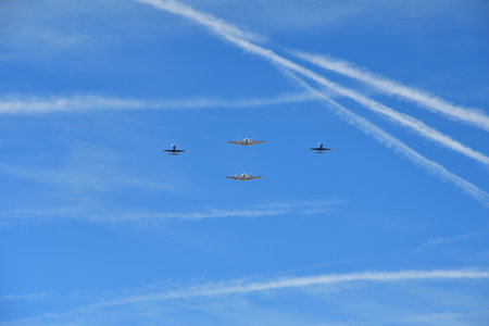 Paris, France. A military parade by the Air Corps on Bastille Day. View from Grande ArmÃ©e...