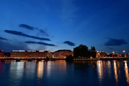 Switzerland, Geneva. Night view of Lake Geneva. August 15, 2022.の写真素材