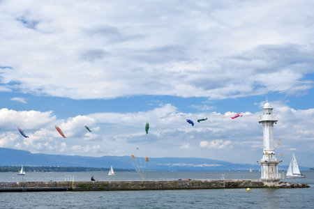 Switzerland, Geneva. A carp streamer [KOINOBORI] (traditional Japanese decoration) displayed on Lake Geneva. August 15, 2022.のeditorial素材