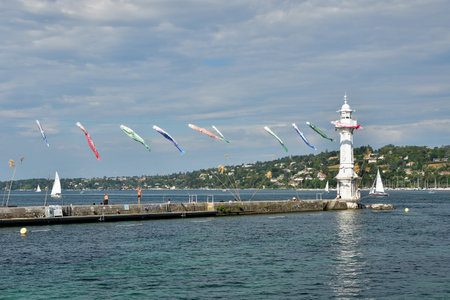 Switzerland, Geneva. A carp streamer [KOINOBORI] (traditional Japanese decoration) displayed on Lake Geneva. August 15, 2022.のeditorial素材